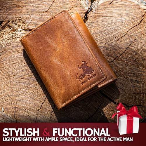 Image of BULL GUARD Trifold Wallet with RFID For Men, Genuine Real Leather - Top Grain Cowhide Tan, Durable & Compact Tri-Fold Design with Strong Stitching for Comfortable Pocket Fit, Secure Everyday Carry