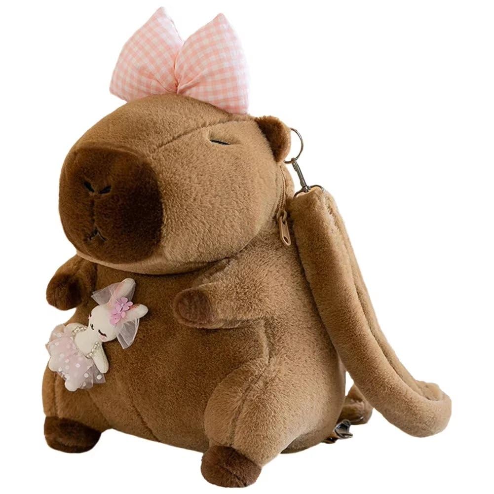 Uzztfa Girls Bow Tie Cartoon Capybara Backpack Plush Capybara Backpack Stuffed Animals School Bag Funny Shoulder Bag School Backpack For Kids Women