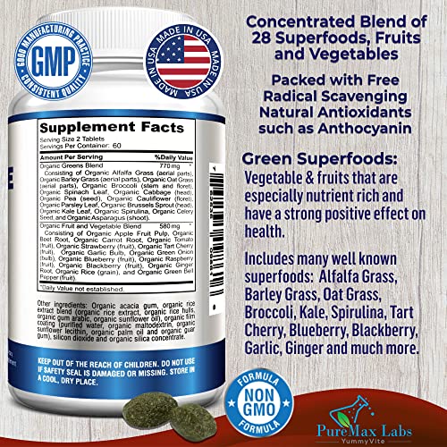 Yummyvite Fruit And Veggie Superfood Greens - 120 Tablets - 28 Fruits And Vegetables Incl. Alfalfa, Barley Grass, Spirulina, Beet Root, Tart Cherry, Non-Gmo - 120 Tablets #TOP1