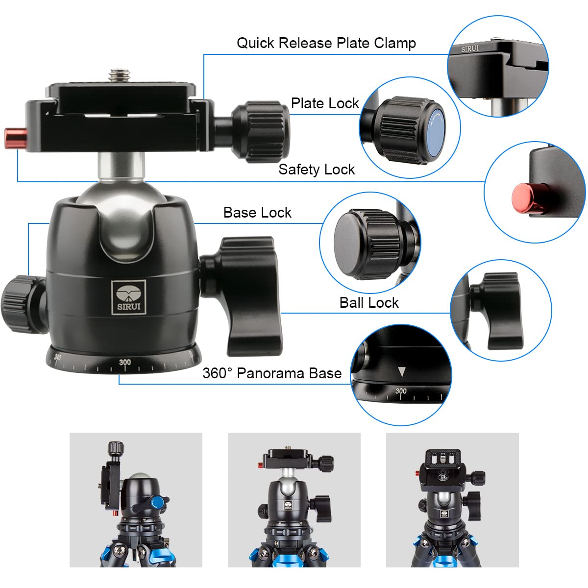 Detailed view of SIRUI B-00K ball head controls and features