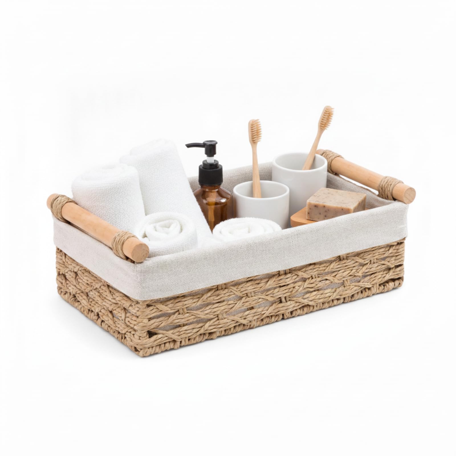 Punorric Beige Toilet Paper Basket, Wicker Bathroom Storage Basket with Handle, Large Capacity Toilet Roll Storage Tray for Space Saving, Multi-Functional Bathroom Decor