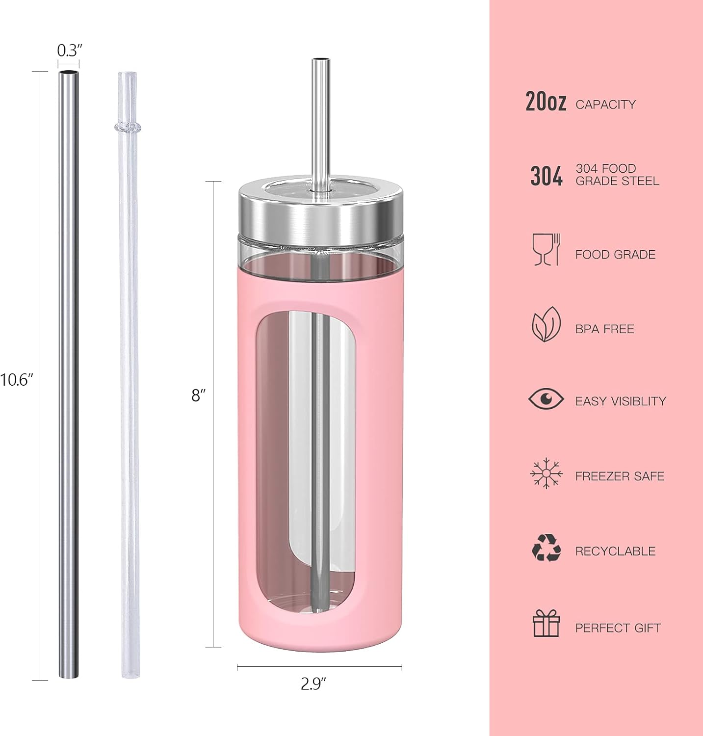 Glass Tumbler with Straw and Lid 20oz Glass Water Bottle Silicone Protective Sleeve BPA FREE (Pink with Reusable Metal Straw) : Everything Else