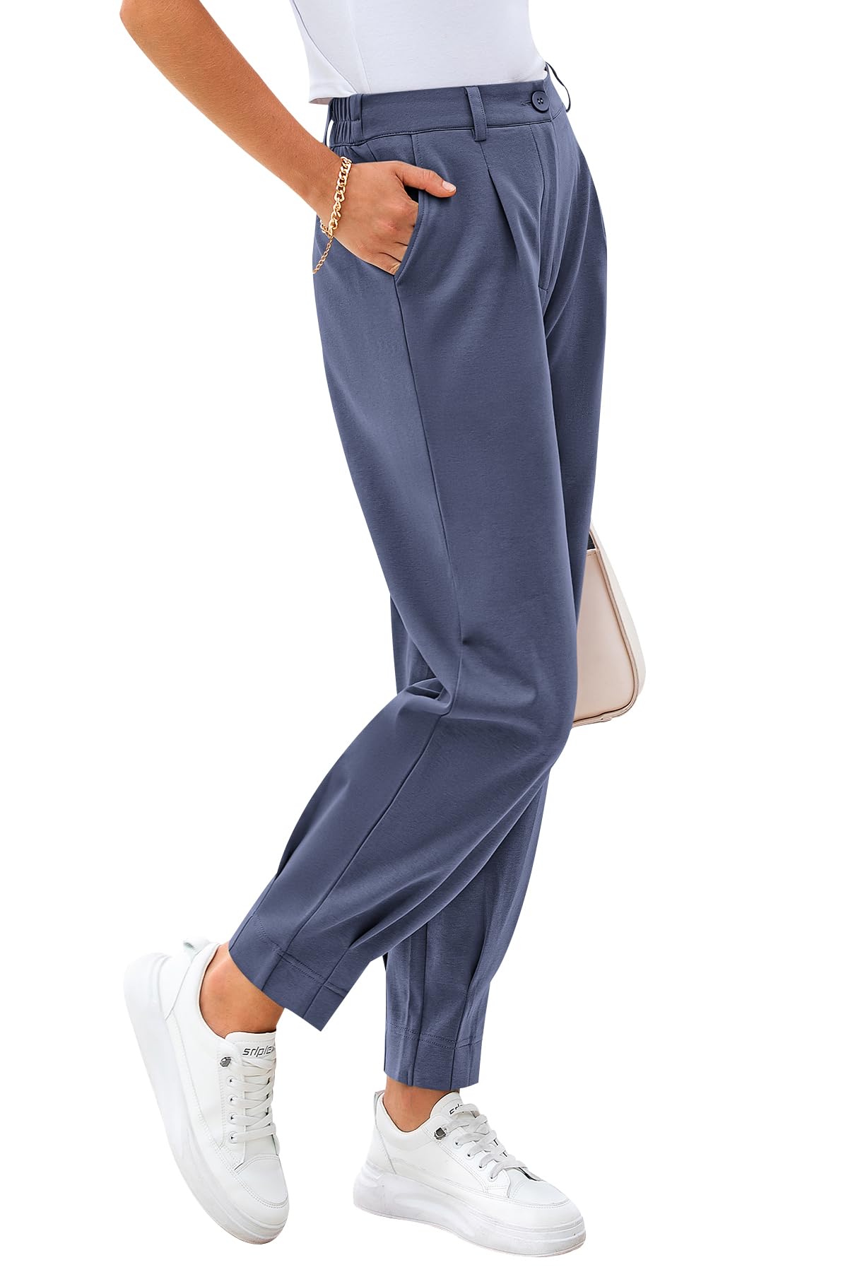 CFLONGE Women's Summer High Waisted Pants for Women 2026 Casual Ankle Length Pant for Work Office Trouser Slacks with Pockets