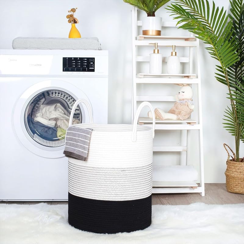 Image of Jute Cotton Rope Laundry Basket with Handles, Large Tall Clothes Hamper for Bedroom, Baby Nursery, Bathroom, Laundry Room & Home Storage Organizer (14x16 Inch, White Black)