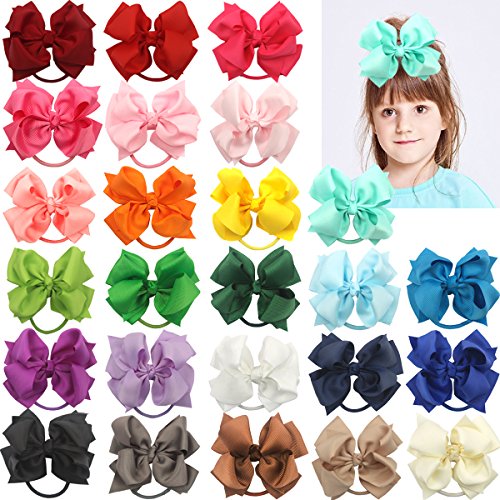25Pcs Boutique Girls Kids Children 4" Double Layer Grosgrain Ribbon Hair Bows Headbands Elastic Band Pigtail Holder Rubber Tie