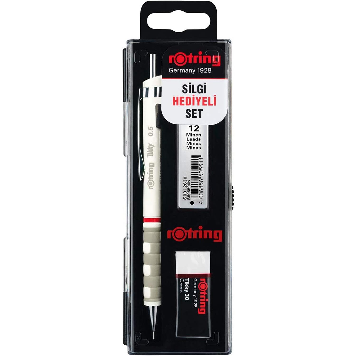 rOtring Tikky Mechanical Pencil, Lead and Eraser Set, 0.5 mm Pencil, 2D Tip, Medium Eraser, White, Set of 3