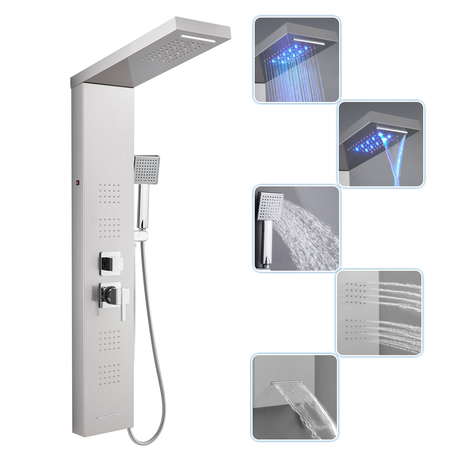 ROVOGO LED Shower Panel Tower System with 5 Functions, Waterfall, Rainfall Head, Body Jets, Bathtub Spout and Handheld Shower, Wall Mounted Shower Panel Column Tower, Stainless Steel Brushed