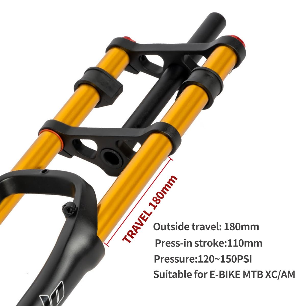 Forcella Anteriore per Bici elettrica da 20 Pollici, Pneumatici da 4 Pollici, Sospensione pneumatica, Escursione di 180 mm, Doppia Spalla, cannotto Dritto da 1-1/8", Freni a Disco,