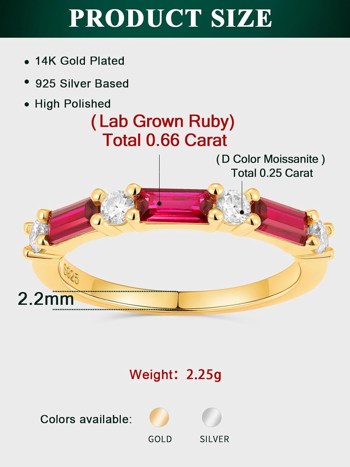 2.5mm CZ and Emerald/Aquamarine/Sapphire/Ruby Eternity Band Emerald Cut Wedding Bands Sterling Silver 14K Gold 7 Stone Classic Half Eternity Rings Stackable Jewelry for Women