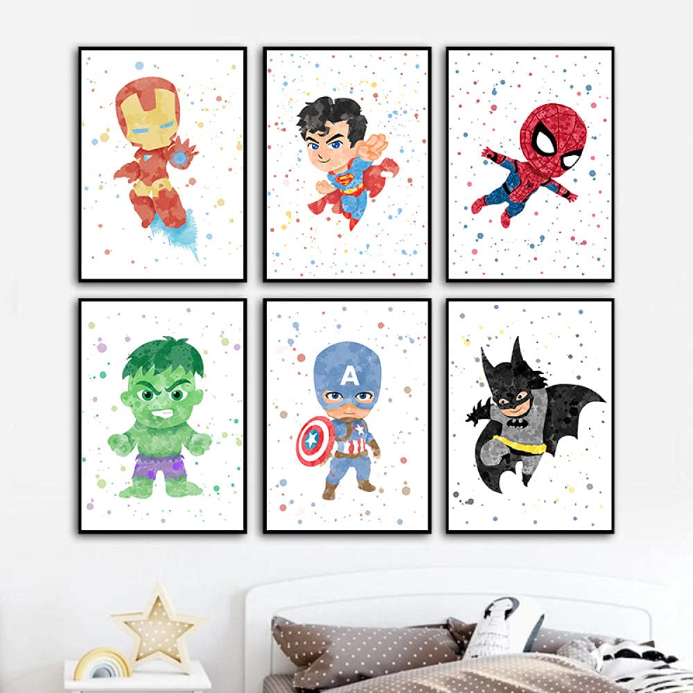 DASHBIG Acuarela superhéroes Lienzo Pintura Cartel Pared Arte imágenes niños niña niño guardería decoración del hogar | 30x42cmx6 sin Marco