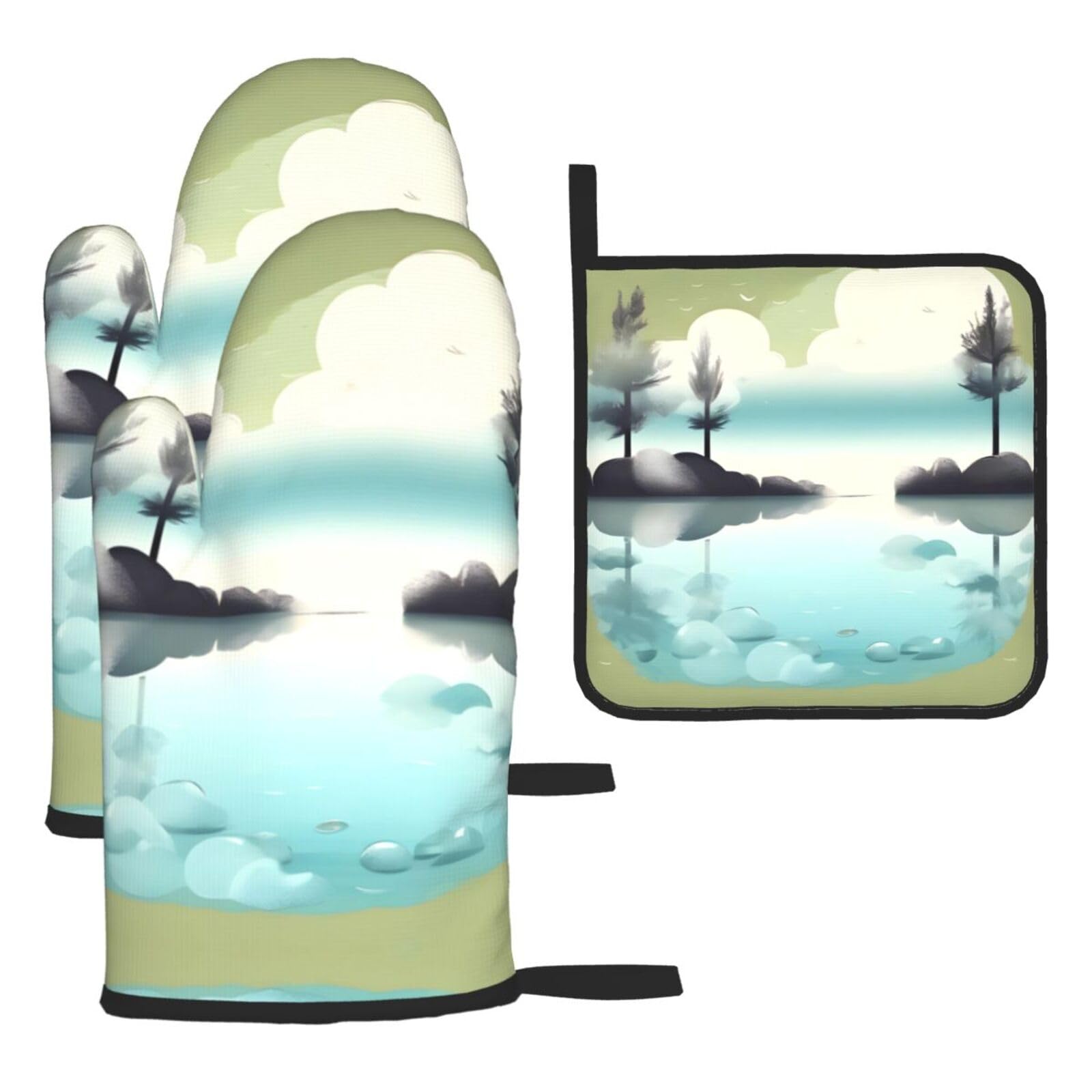 Tranquil Lakes Oven mittens and oven mitts three-piece set suitable for oven, grilling, baking, microwave and home cooking.