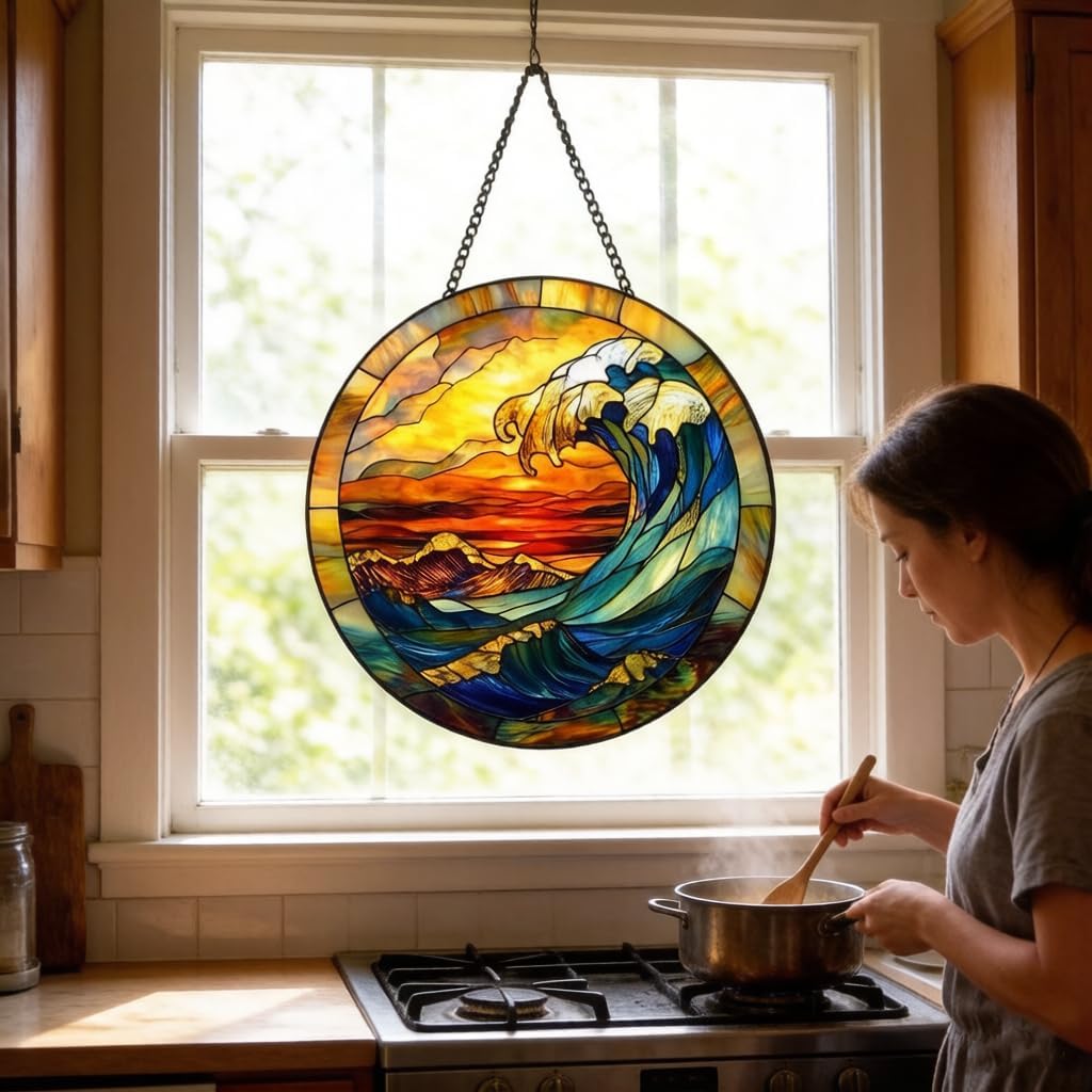 7.87 Inch Ocean Stained Glass Window Hanging, Sunset Ocean Wave Suncatcher for Window Decor, Home Art, UV-Resistant Glass Sun Catcher with Metal Chain, Perfect Birthday for Women