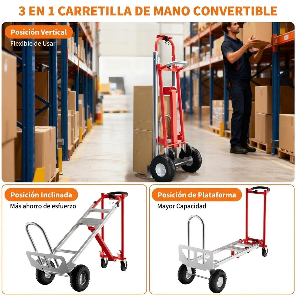 Carretilla Plegable de Aluminio, Carga Máxima 350 kg, Carrito de Ttransporte con Ruedas Macizas Grandes, Carrito Manual para Hogar, Jardín, Almacén y Granja, Rojo