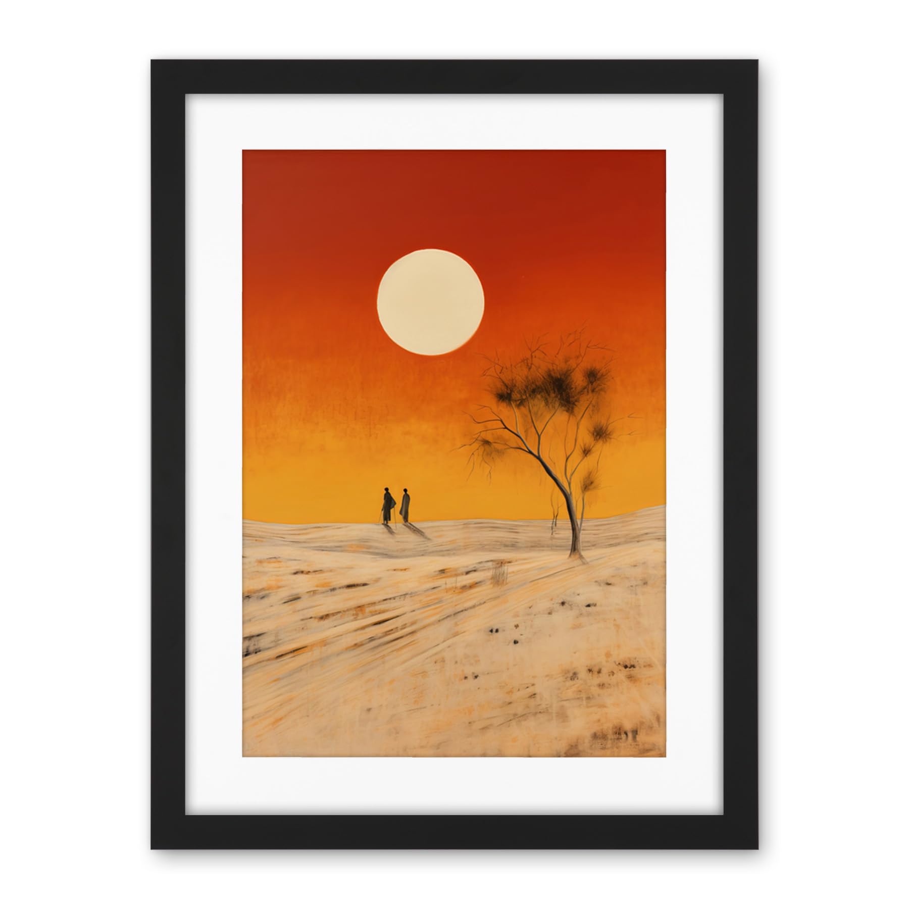 Artery8 Desert Landscape Sunset Sun Oil Painting Amber Orange Yellow Windswept Dunes Artwork Framed Wall Art Print 18X24 Inch