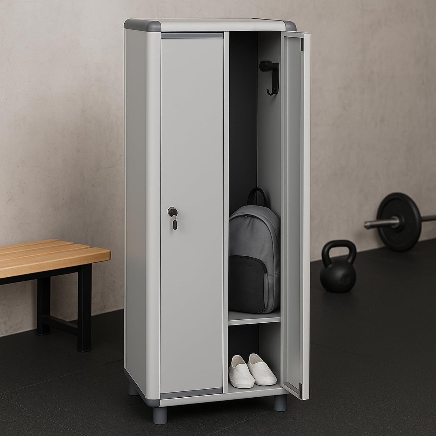 VIRSUS Mobile Spogliatoio a 2 ANTE in PVC di colore Grigio, Misura 72x39x175 cm, Armadietto con serratura a chiave, ganci appendiabiti, piedini antiscivolo, Made in Italy -1912