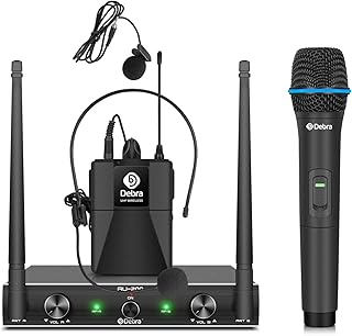 D Debra Audio AU200 Pro UHF 2 Channel Wireless Microphone System with Cordless Handheld Lavalier Headset Mics, Metal Receiver, Ideal for Karaoke Church Party (1 Handheld & 1 Bodypack)