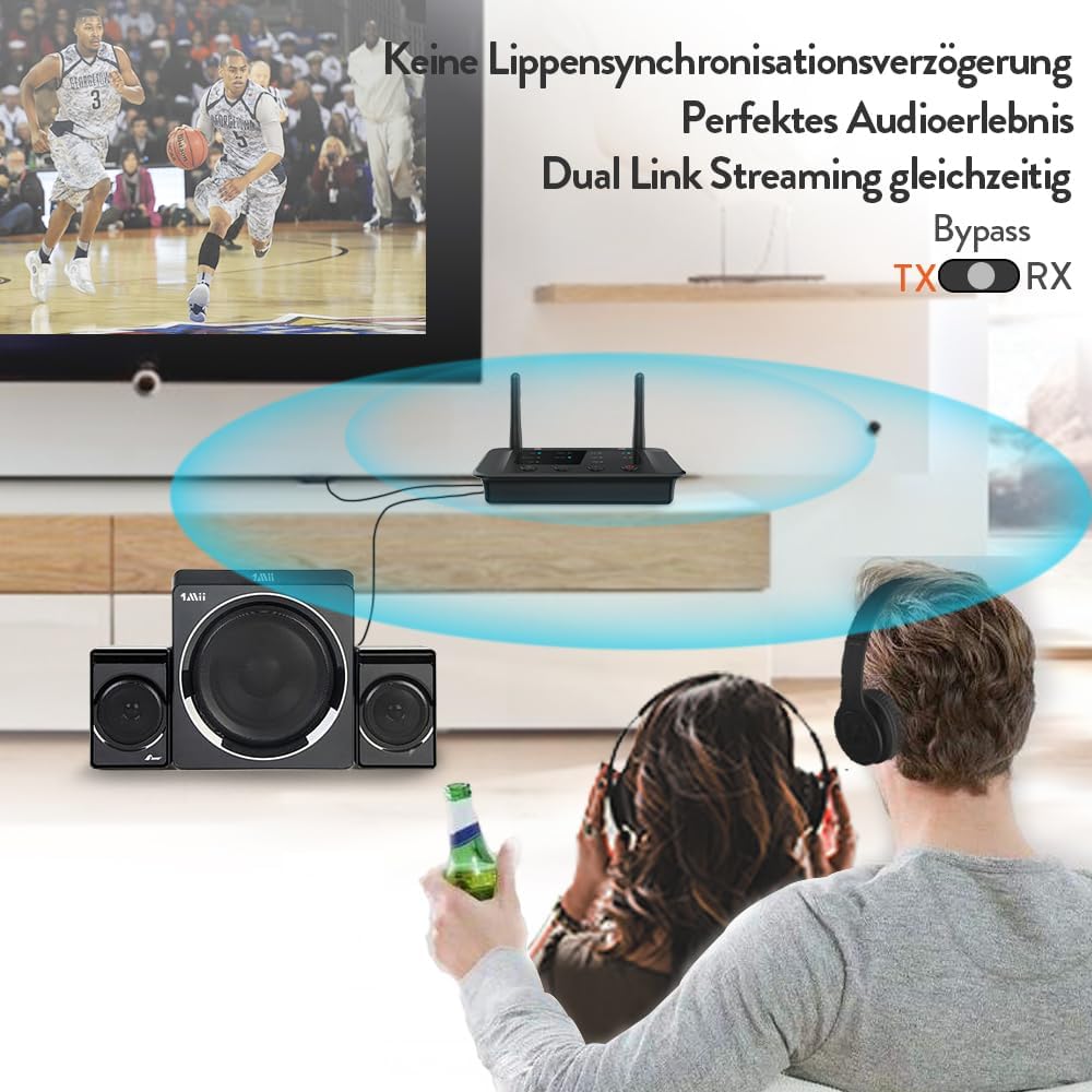 1Mii B03 Bluetooth 5.3 Transmitter & Empfänger für TV & Stereoanlage, aptX Adaptive/HD/Low Latency, Drahtloser Audioadapter mit Großer Reichweite, unterstützt 2 Kopfhörer, Optischer/AUX/RCA Anschluss