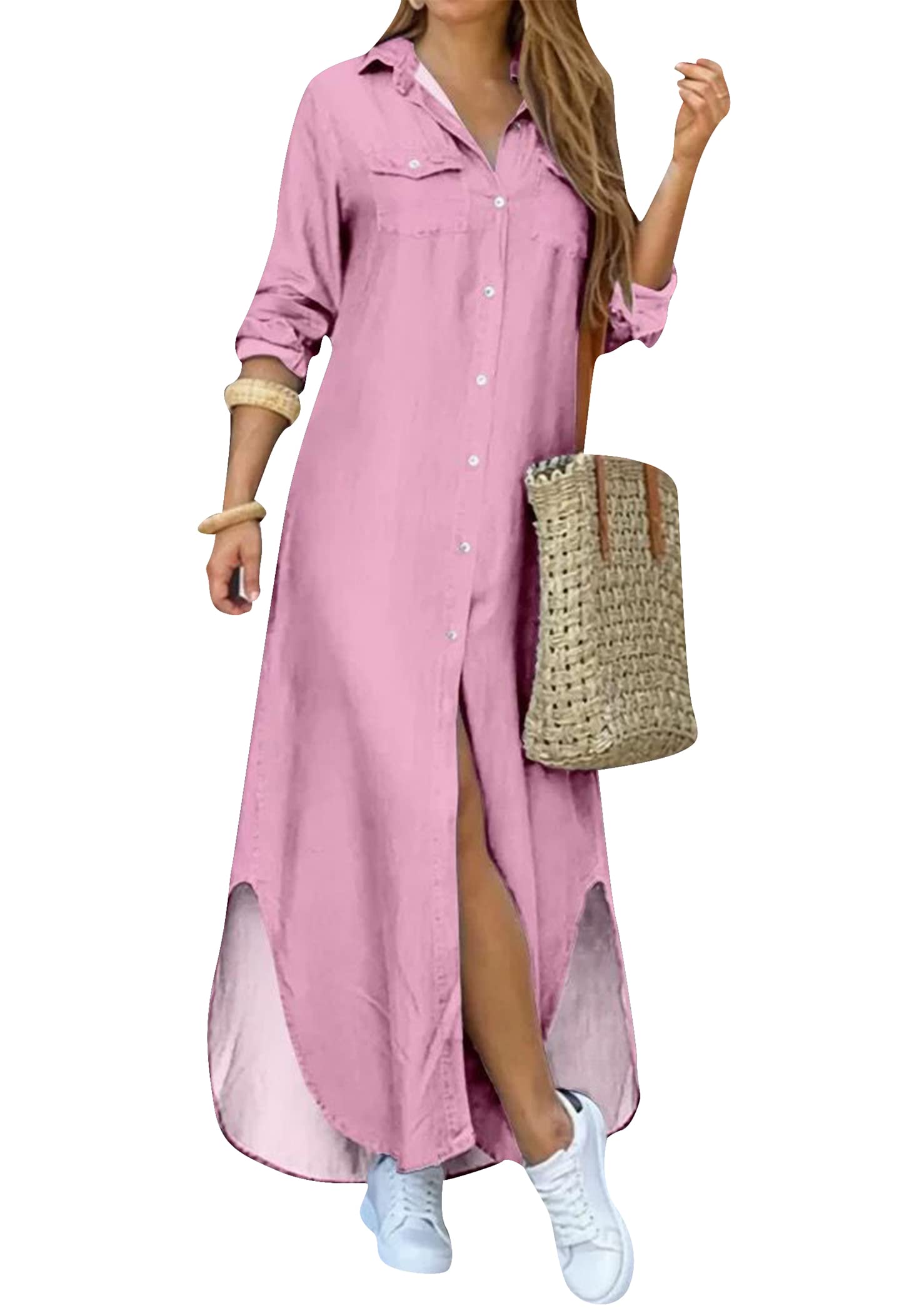 OMZIN Femme Chemise Boutonnée à Manches Retroussées pour Longue à Imprimé Floral Décontracté Robe Ample