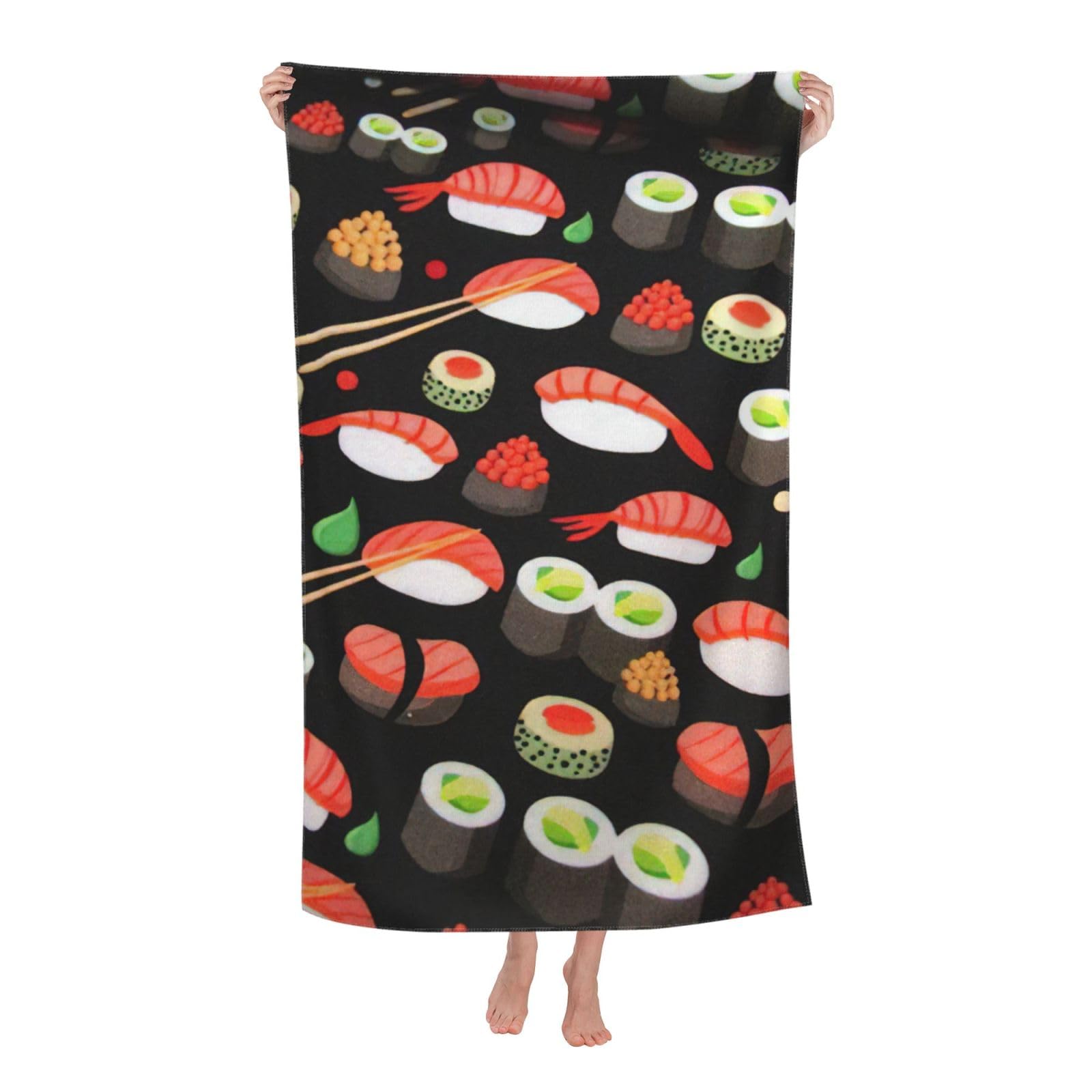 NImongt Japanese Sushi Shrimp Print Oversized Adult Beach Towel For Travel Weekend Getaways Festivals Camping Trips