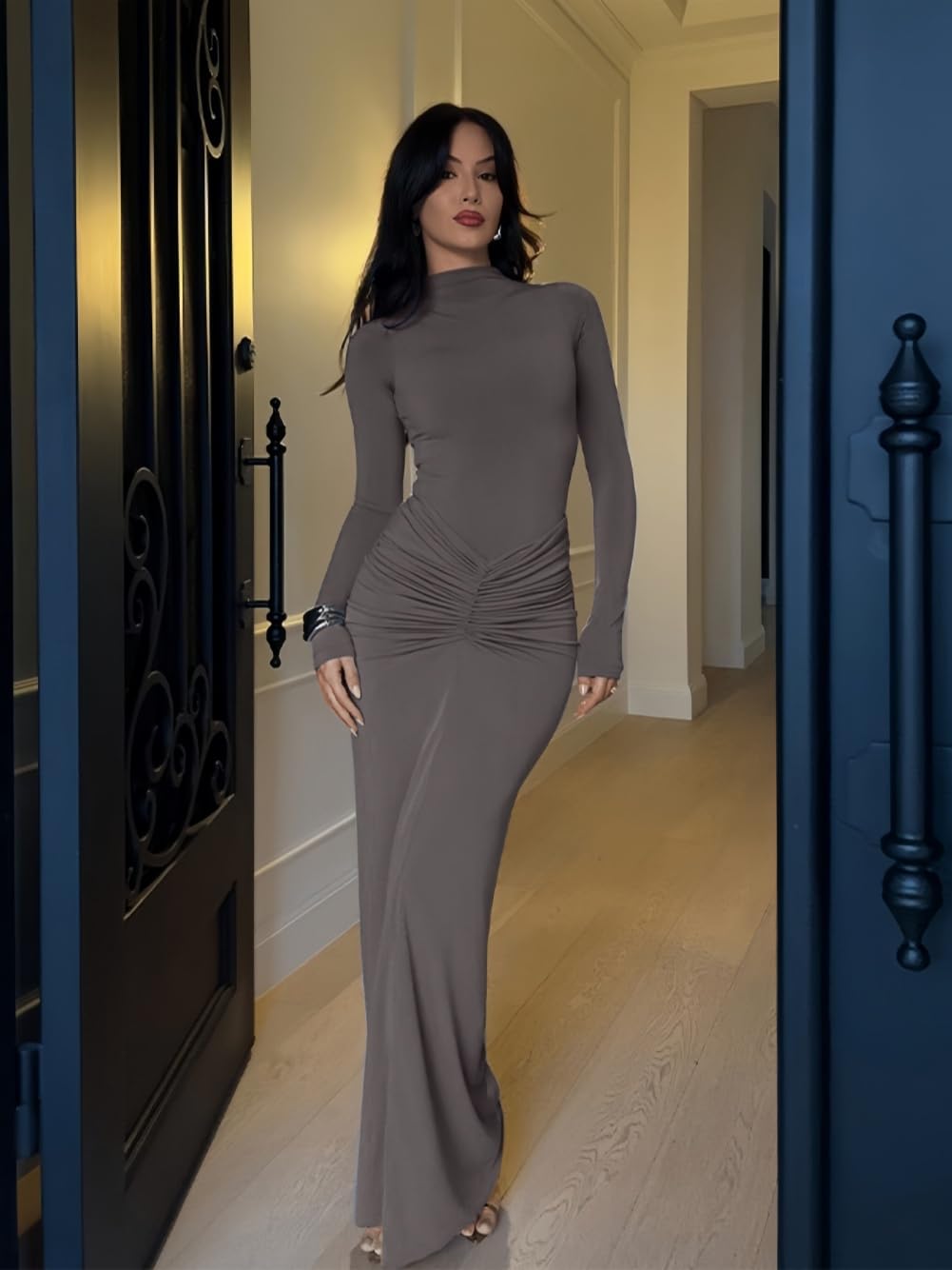 Robe Femme Élégante Maxi Robes Moulante Col Montant Manches Longues Sexy Slim Froncée Robe Longue Automne Hiver Tendance Robes Crayon de Soirée Cocktail Clubbing Mariage Casual Streetwear