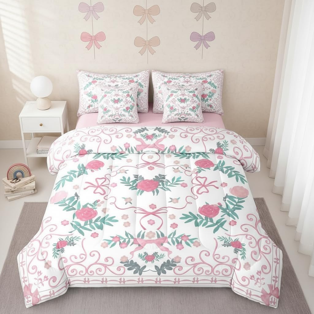 Erosebridal Girls Pink Bow 7 Piece Comforter Set Twin,Pink Floral Bedding Set Southwest Bowknot Coquette Room Decor Watercolor Bowtie Bohemian Sheet Set Bed in A Bag Princess Bows Aesthetic Quilt
