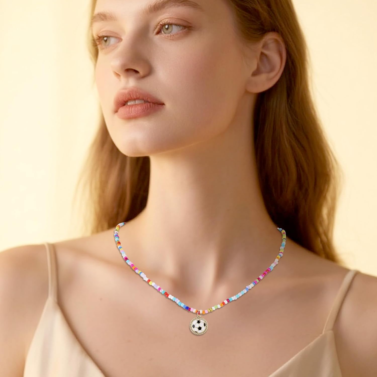 Soccer Beaded Necklace for Women, 44.32cm/17.45 Inch+2 Inch/5.08cm Adjustable Sport Themed Colorful Necklace Soccer Team Pendant Jewelry for Players Fans Gifts - Image 6