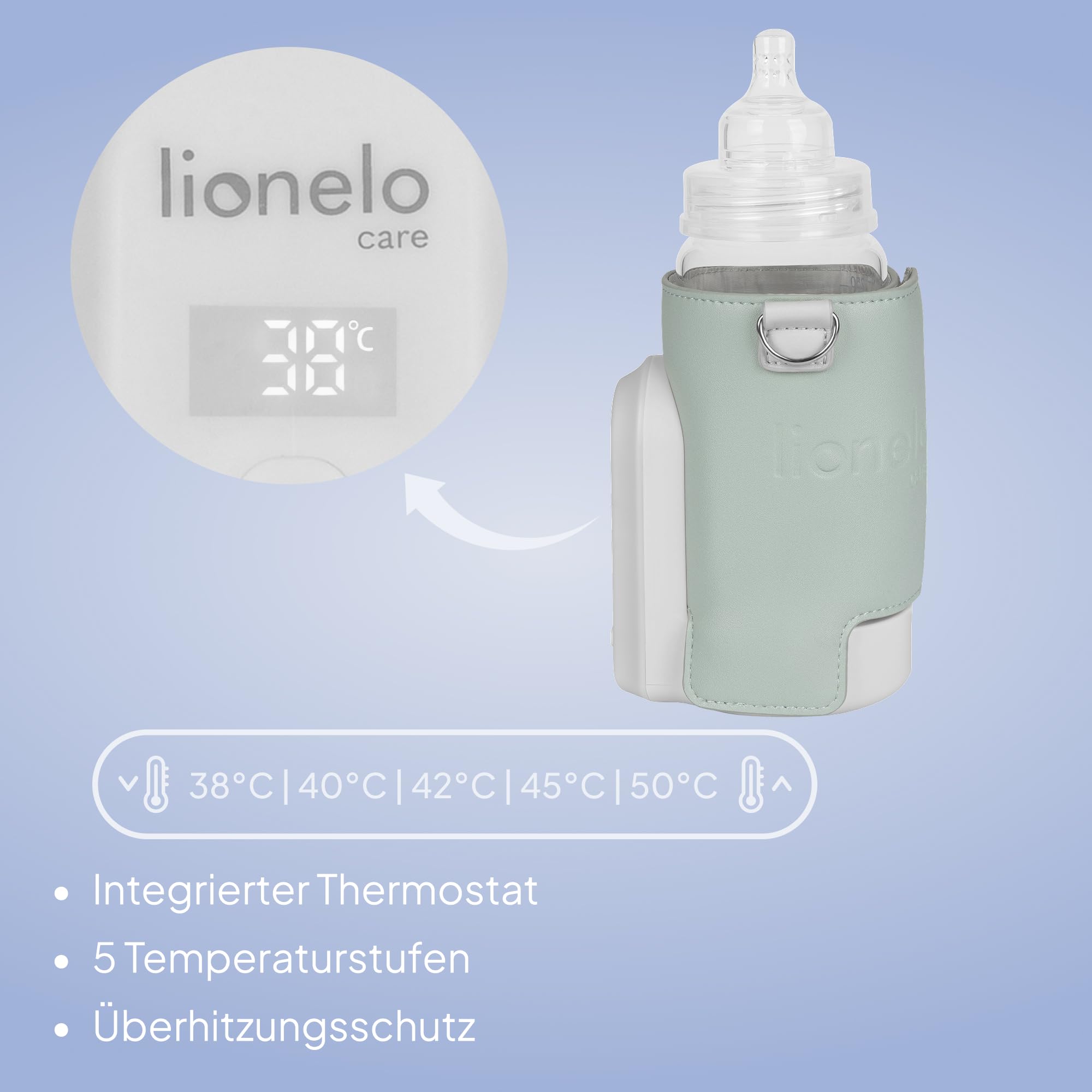 LIONELO Thermup Go Evo Tragbarer Babyflaschenwärmer hält Flüssigkeiten warm | 5 Betriebstemperaturen von 38 bis 50o C, USB-C Aufladung, bis zu 9 Stunden Betrieb, LCD Display