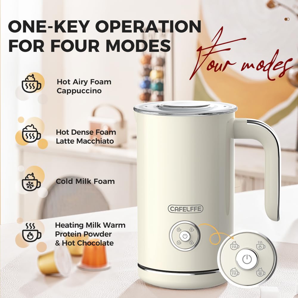 Cafelffe MK-202 Mousseur à Lait Électrique pour Café – 4-en-1 Préparation de Mousse Chaude et Froide avec Fouet, Réchauffeur de Lait/Chocolat, Commande One-Touch et Poignée Ergonomique, Idéal pour la