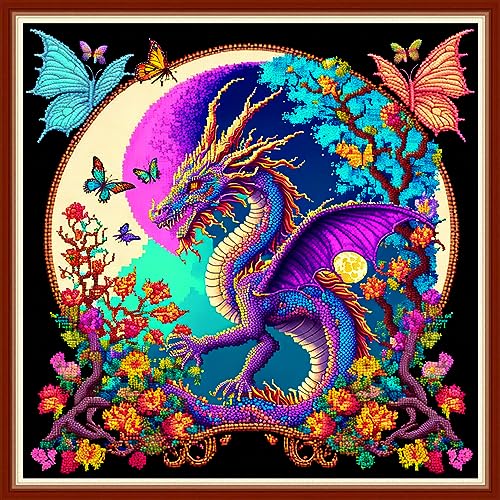 Image of Dimensean Stamped Cross Stitch Kits Full Range of Embroidery Patterns Starter Kits for Beginners Adult DIY Cross Stitches Needlepoint Kits 11CT-Wolf Flower 17.7x17.7 inch