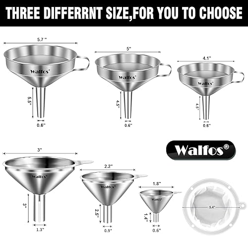 Miniatura 17 de walfos 4 embudos de plástico de cocina (sin BPA), embudo automotriz para transferencia de líquidos, embudos para llenado de botellas, recipientes