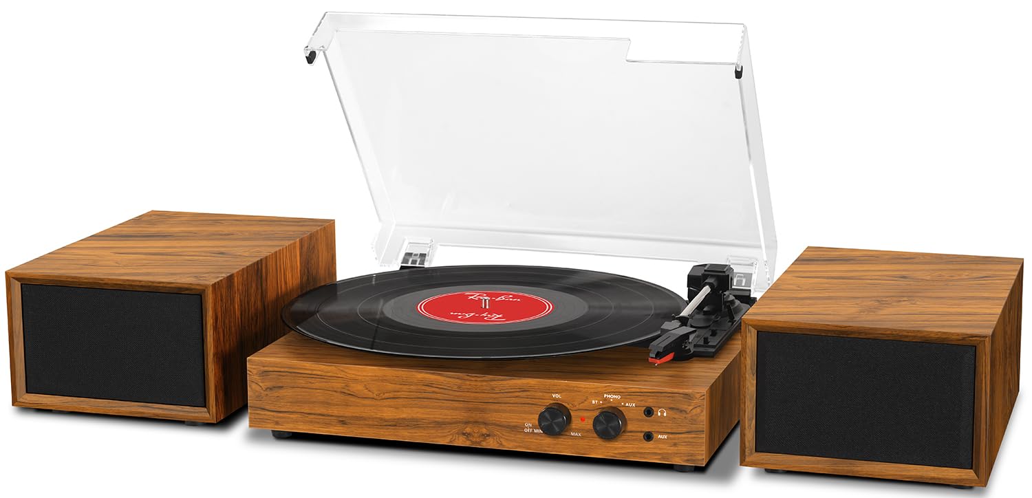 Record Player for Vinyl with External Speakers | Vintage Bluetooth 3-Speed Turntable (33/45/78 RPM) with Stereo Speakers | Vinyl to MP3 PC Recording | RCA Line-Out& AUX | Brown Wood