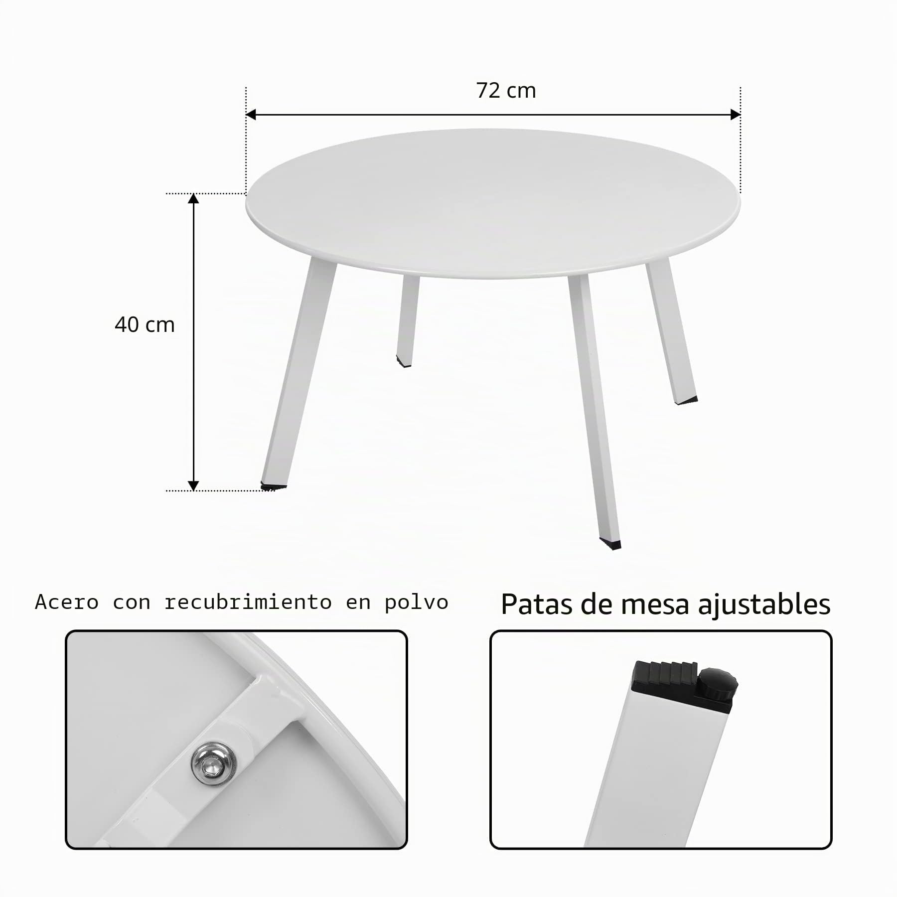 Fokebel Mesa auxiliar de metal, para jardín, redonda, mesa baja de centro con patas ajustables (blanca, 70 cm de diámetro x 40 cm de altura)