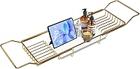 BVL Gold Stainless Steel Bathtub Tray with White Marble Base - Adjustable Rustproof Bath Caddy for Spa Relaxation