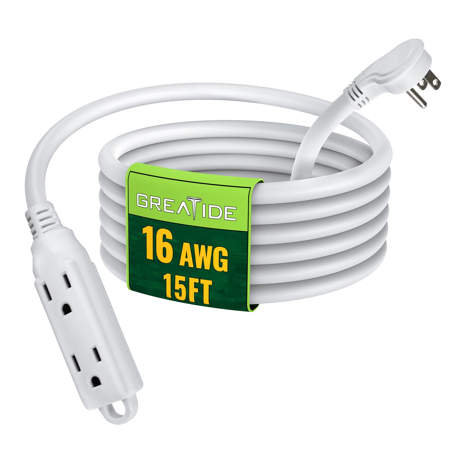 GREATIDE 15 Ft Flat Plug Extension Cord，16/3 SJT Indoor Low Profile 3 Outlets Extension Cable with 45° Angled Flat Plug, Multiple Outlets Extension