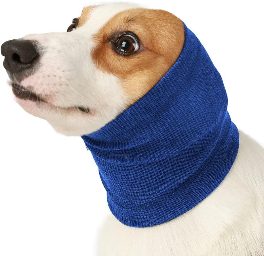 Dog Snood Dog Ear Hoodie Dog Earmuff Dog Ear Wrap Dog Headwear for Dog Neck and Ears Warmer Helps Calm for Dog for Anxiety Relief Reduce Noise Warmer Protection (Blue