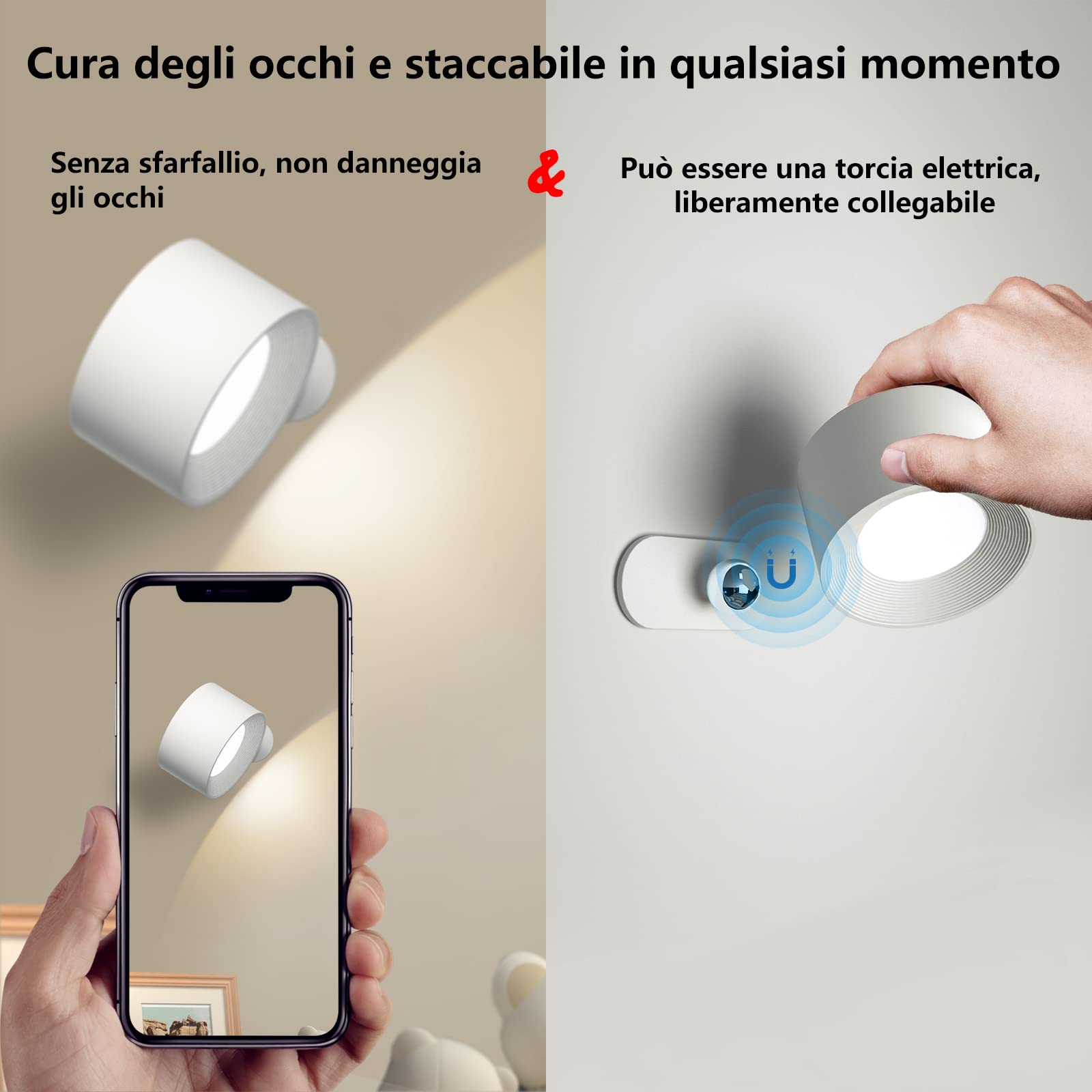 Coollamp Luci da parete a batteria, Applique da parete per interni con 3 Modalità di Colore, 3 livelli di luminosità, Rotazione di 360°, Controllo Tattile, lampada da muro per Lettura 1Pcs