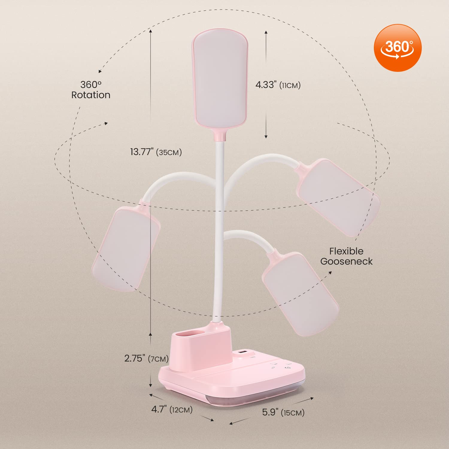 Lampe de Bureau Enfant sans Fil Lampe de Table Rechargeable LED avec Port de Charge USB Porte-Stylo Support pour Téléphone Portable, 4 Modes Lampe de Lecture pour Chevet École Dortoir (Rose)