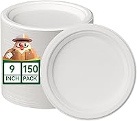 JOLLYCHEF 150 Pack 9 Inch Compostable Paper Plates - Heavy Duty Bagasse Bamboo, Biodegradable Eco-Friendly Disposable White Plates