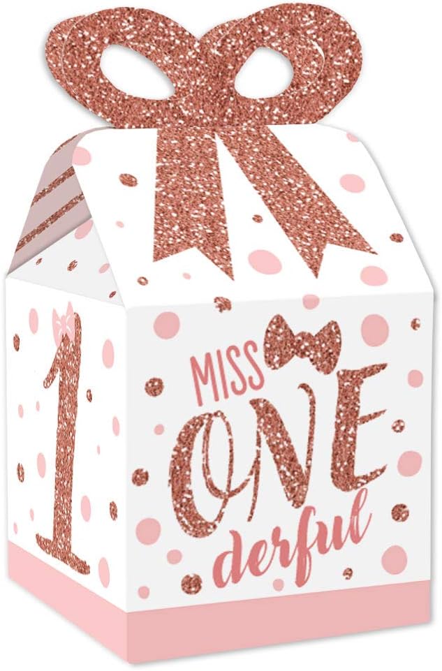 Big Dot of Happiness 1st Birthday Little Miss Onederful - Square Favor Gift Boxes - Girl First Birthday Party Bow Boxes - Set of 12