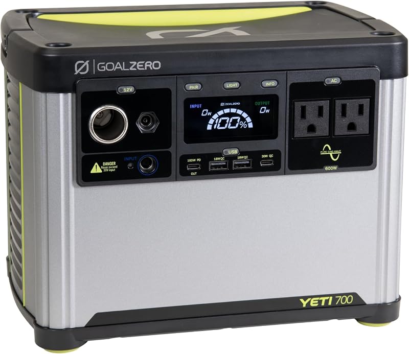 Goal Zero Yeti Portable Power Station, Yeti 700, 677 Watt Hour LiFePO4 Battery, Water Resistant & Dustproof Solar Generator for Outdoors, Camping, Tailgating, & Home, Clean Renewable Off-Grid Power | 600W AC Output with 1000W Surge, 4,000+ Cycle Lifespan, Fast Charging, IPX4 Water & Dust Resistant, for Outdoors & Home