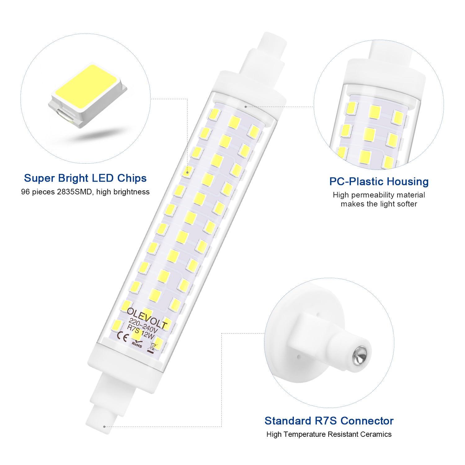 OLEVOLT Lampadine R7S 118mm LED 12W Luce Fredda 6000K 1380LM, Equivalente a Lampada Alogena R7S J118 120W, AC 220-240V, R7S LED 118mm Non-Dimmerabile Nessun Sfarfallio, Set di 2
