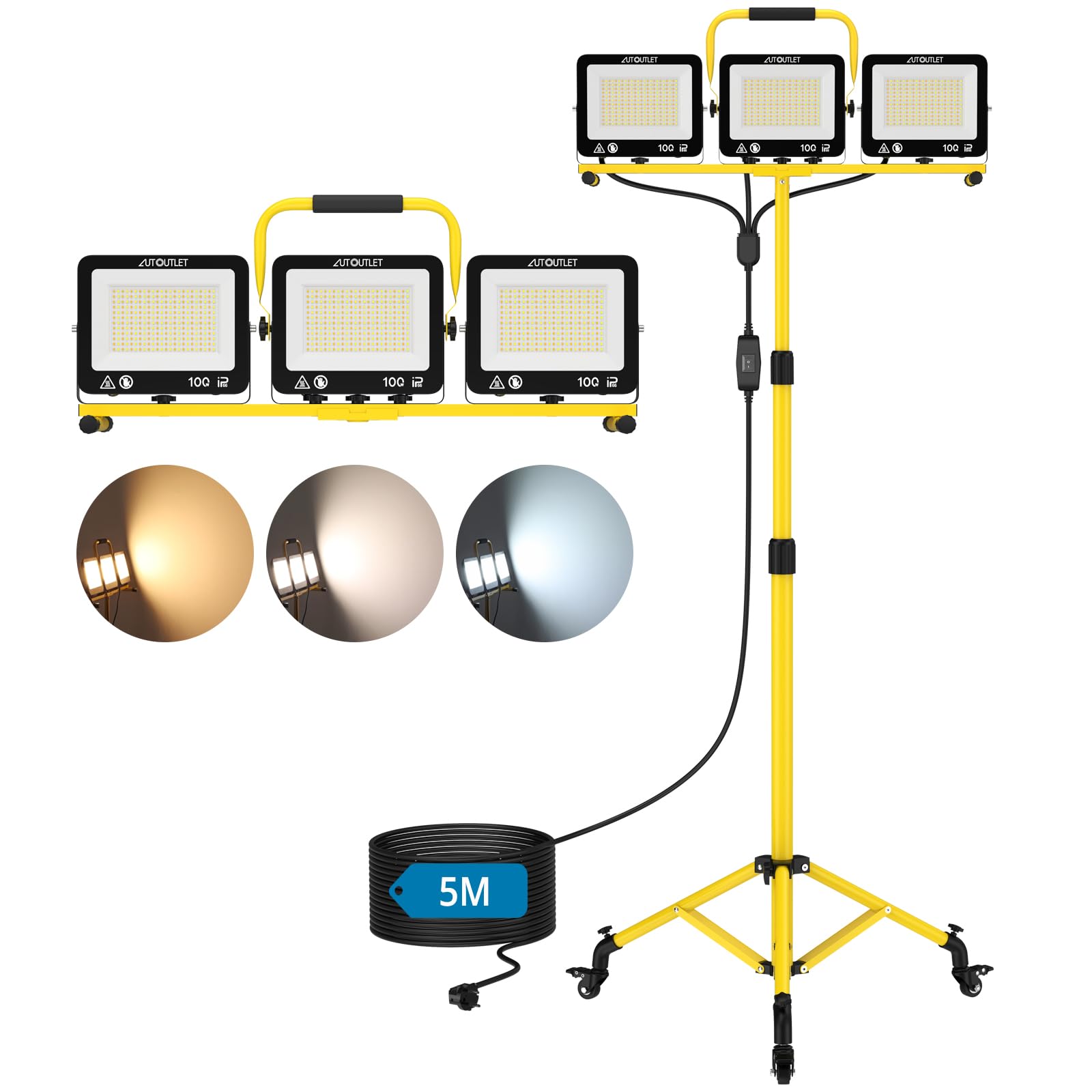 AUTOUTLET Baustrahler LED mit Rollstativ 300W, 3000K/5000K/6500K & 5M Kabel | 27000LM Baulampe mit Feststellbremse, 118-174cm Höhenverstellbar Stativ, IP66 Wasserdicht, Abnehmbar, für Garage Baustelle
