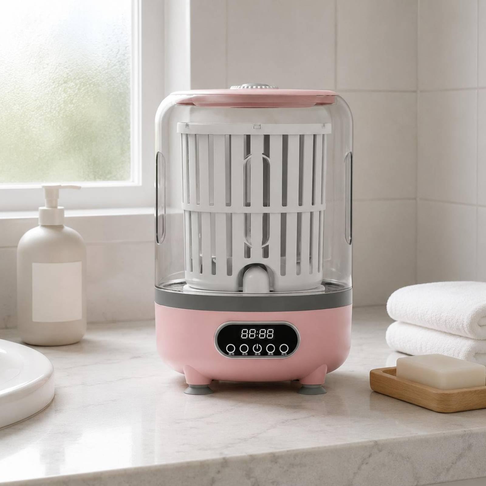 Mini Lavadora Portátil Compacta USB Secadora Giratoria Tamaño 25.5x15cm para Espacios Reducidos Plástico Adecuada para Encimera Cocina Baño Separación de Ropa, Blanco