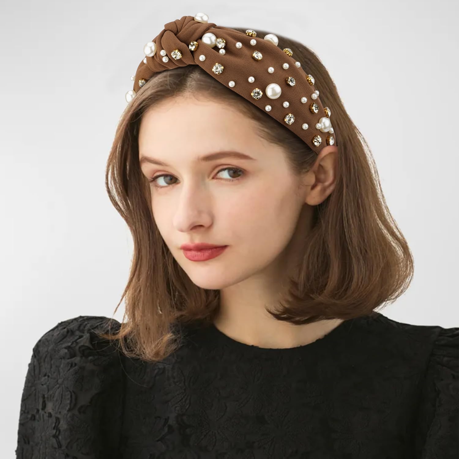 NVENF Cerchietto Per Capelli Annodato Con Perle E Cristalli, Fascia Larga Con Nodo E Strass, Accessorio Moda Per Donna, Grigio