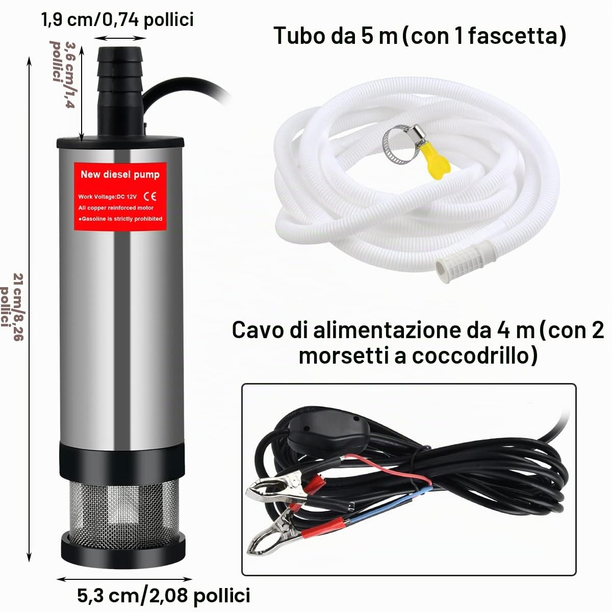 12V 51mm Pompa di Trasferimento del Carburante Diesel Olio in Lega di Alluminio, Sommergibile Acqua Pompa con Clip e Rete di Filtro Staccabile Pompa sommersa Pompa Acqua e Olio con fascette per Auto