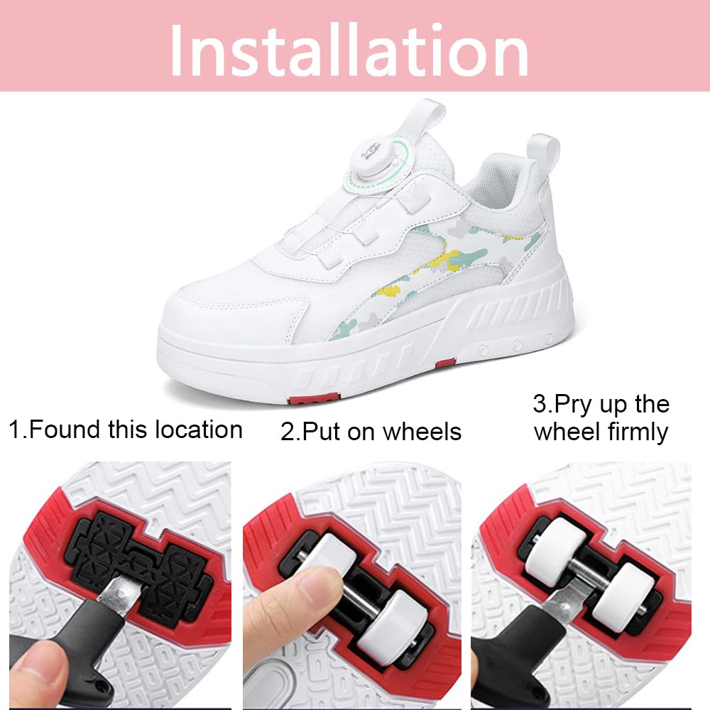 Hixingo Zapatillas con Ruedas Niña Niño Blanco Zapatos con Dos Ruedas para Niñas 2 en 1 Zapatillas Patines Zapatillas Ruedas Niño, Zapatos Patines Calzado de Skateboarding Multifuncionales