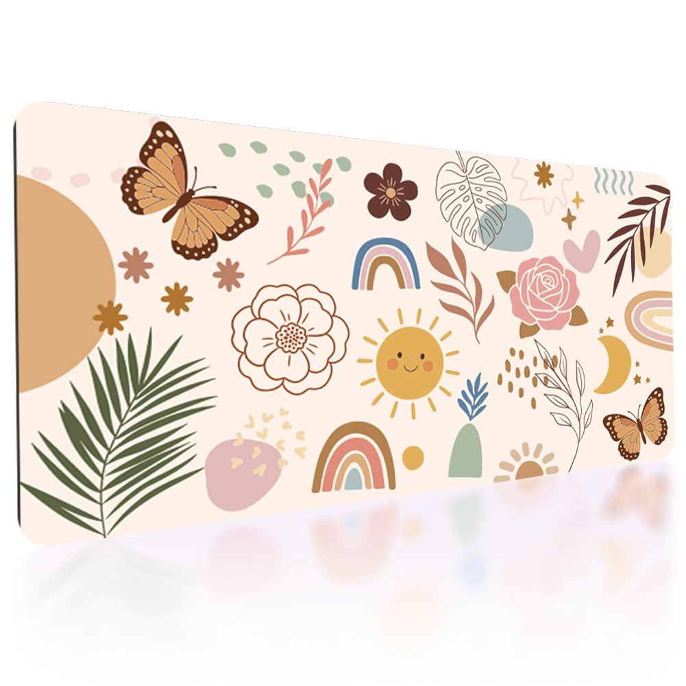 TNKBREEZE Large Gaming Mouse Pad Boho Flower Extended Desk Mat for Office and Home Butterfly Big Mousepad with 3mm Thick Non-Slip Rubber Base Keyboard Mats for Women PC Desktop Decor 15.7x31.5inch