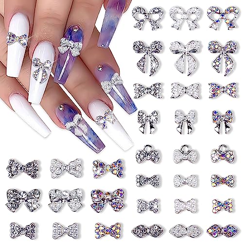 XEAOHESY 33 Pcs Silver Alloy Nail Bow Charms for Nails Bow Nail Charms Gems Bowknot Nail Studs Inlaid Pearl Clear Iridescent Rhinestone for Women Girls Nail Art Decorations