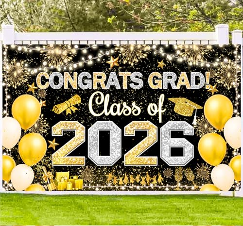 Famoby Congrats Grad Class of 2026 Hanging Banner Fabric Sign Poster Background Balloons Photo Booth Backdrop for Graduation Party Decoration