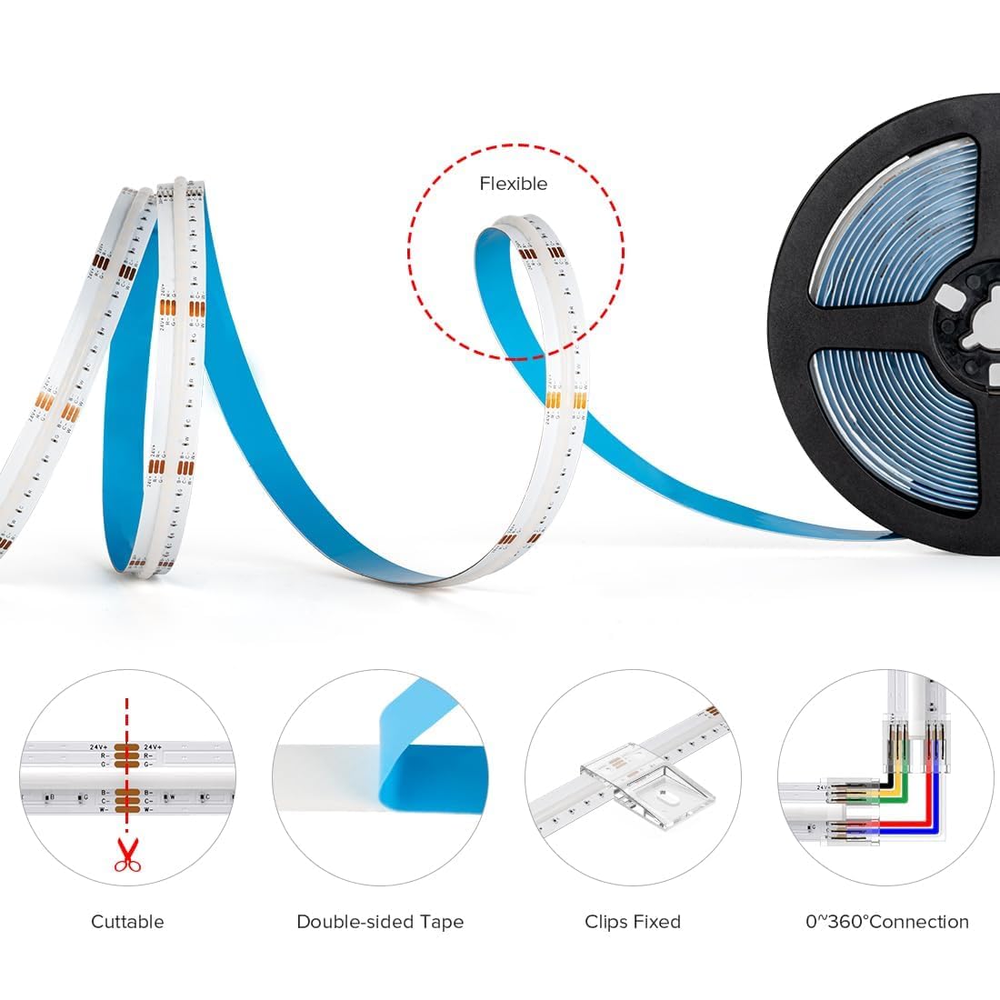 BTF-LIGHTING FCOB COB RGBCCT Flexible Hohe Dichte LED-Streifen COB RGBCCT LED Strip 5M 960LED/M DC24V 18W/M IP30 Mehrfarbig für TV Zimmer Party DIY Heimdekoration(Nicht inhalt Controller&Netzteil)
